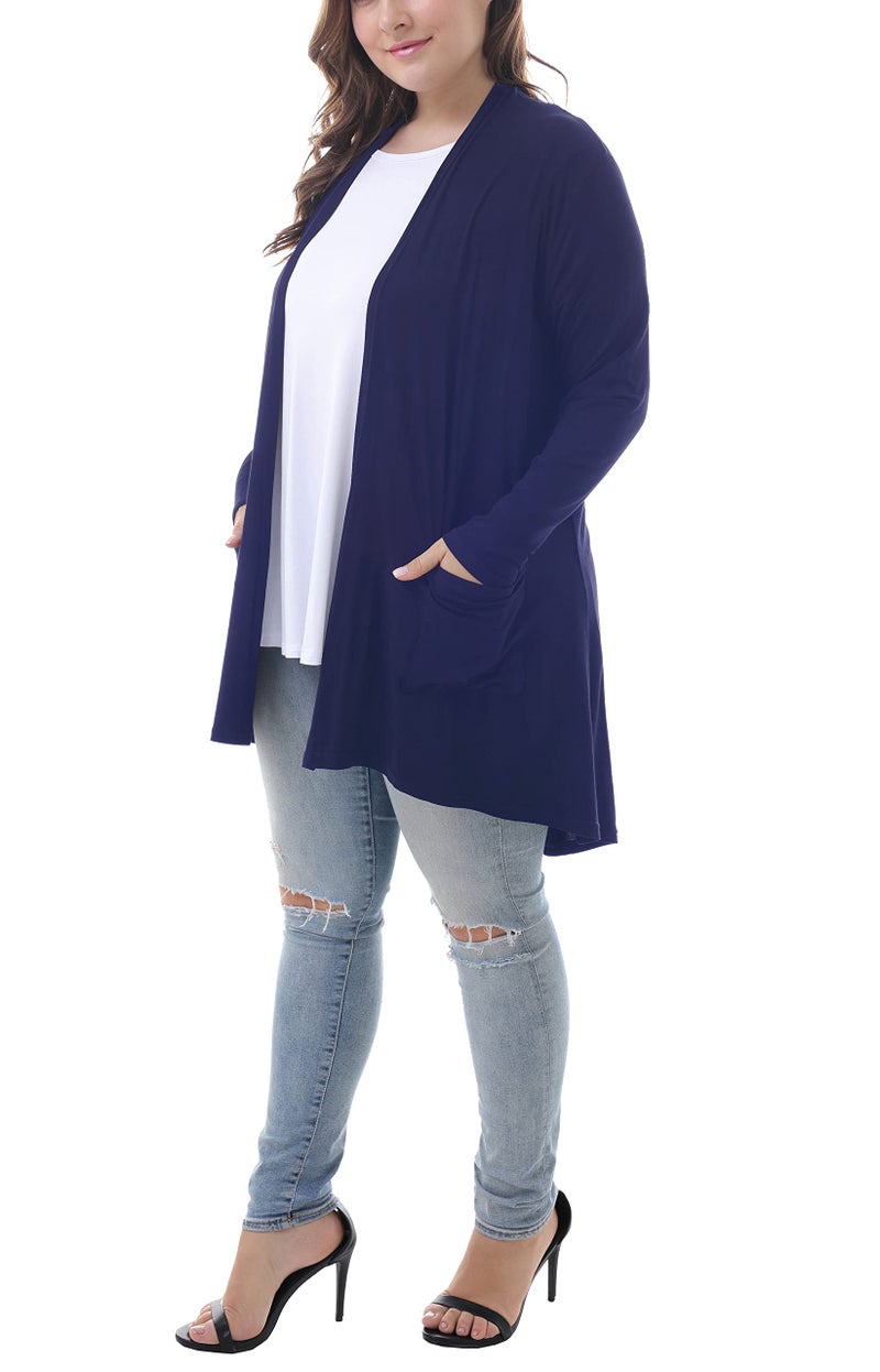 ZERDOCEAN Women's Plus Size Long Sleeve Lightweight Soft Printed Drape Cardigan with Pockets Navy 3X - Image 5